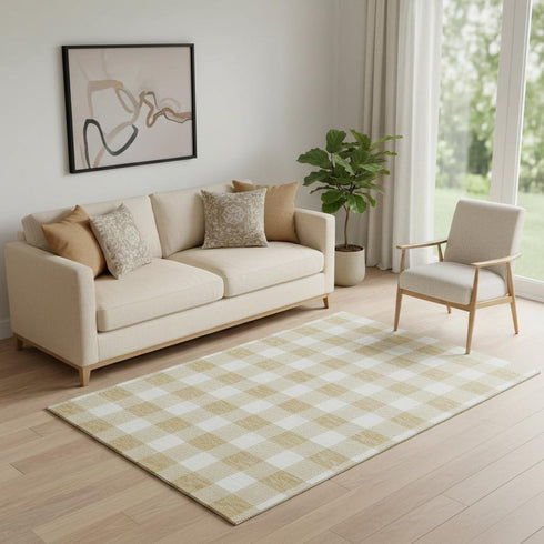 5' X 8' Gold And Ivory Plaid Washable Area Rug With UV Protection