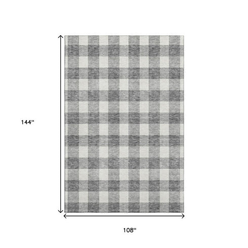 9' X 12' Gray And Ivory Plaid Washable Area Rug With UV Protection