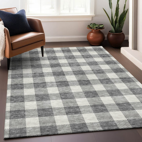 9' X 12' Gray And Ivory Plaid Washable Area Rug With UV Protection