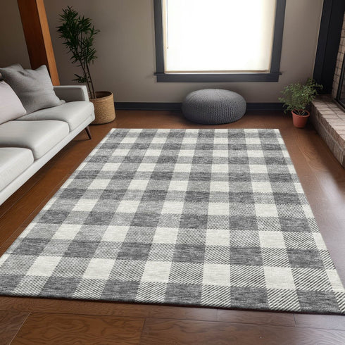9' X 12' Gray And Ivory Plaid Washable Area Rug With UV Protection