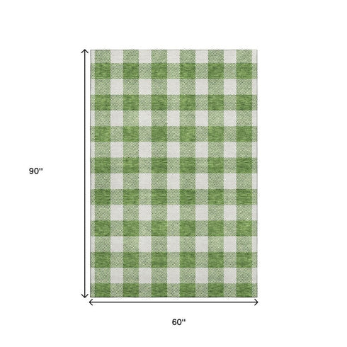 5' X 8' Green And Ivory Plaid Washable Area Rug With UV Protection