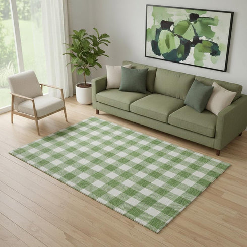 5' X 8' Green And Ivory Plaid Washable Area Rug With UV Protection
