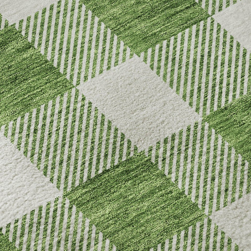 5' X 8' Green And Ivory Plaid Washable Area Rug With UV Protection