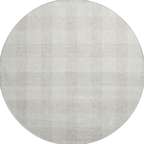 8' Ivory And Beige Plaid Washable Round Rug With UV Protection