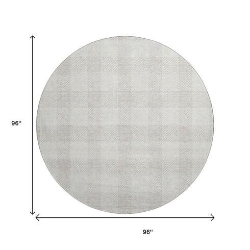 8' Ivory And Beige Plaid Washable Round Rug With UV Protection