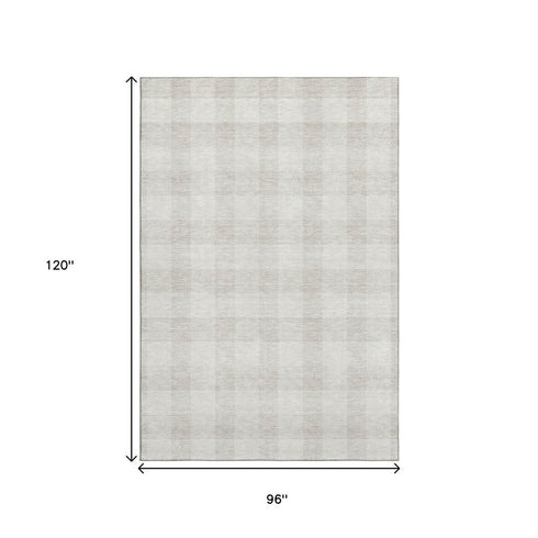 8' X 10' Ivory And Beige Plaid Washable Area Rug With UV Protection