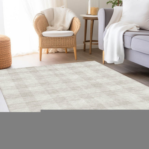 8' X 10' Ivory And Beige Plaid Washable Area Rug With UV Protection
