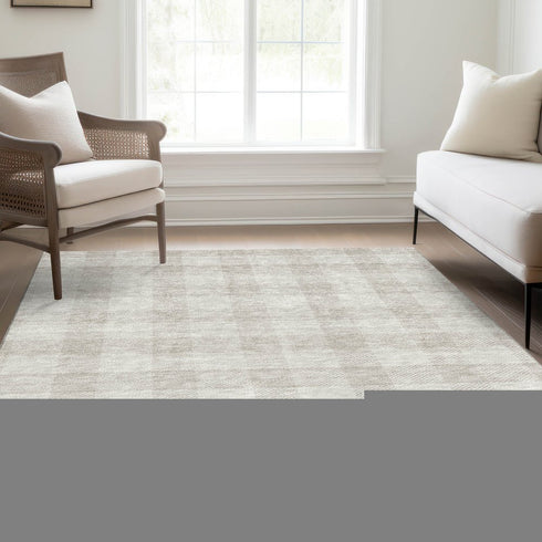 8' X 10' Ivory And Beige Plaid Washable Area Rug With UV Protection
