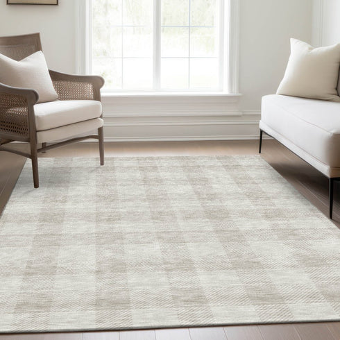 8' X 10' Ivory And Beige Plaid Washable Area Rug With UV Protection