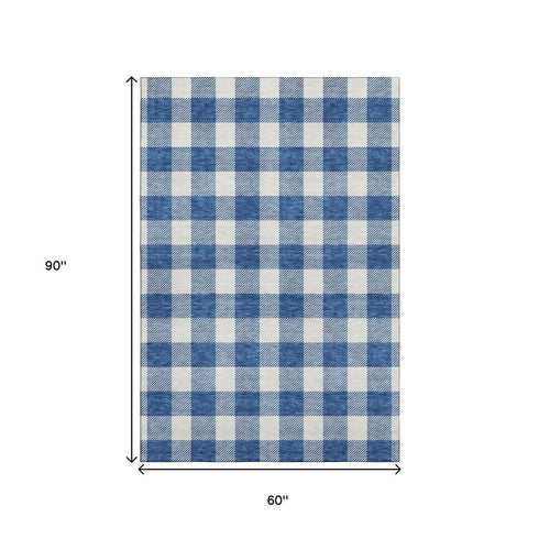 5' X 8' Navy Blue And Ivory Plaid Washable Area Rug With UV Protection