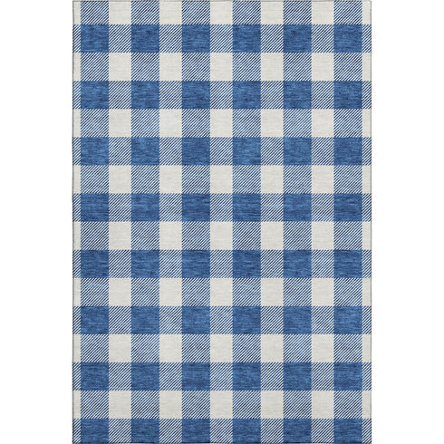 5' X 8' Navy Blue And Ivory Plaid Washable Area Rug With UV Protection