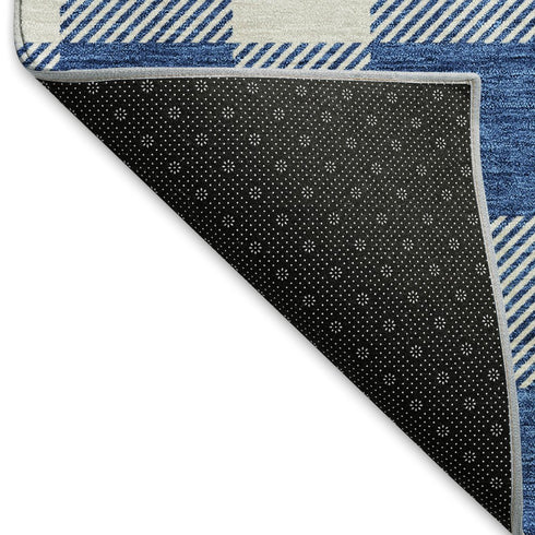 5' X 8' Navy Blue And Ivory Plaid Washable Area Rug With UV Protection