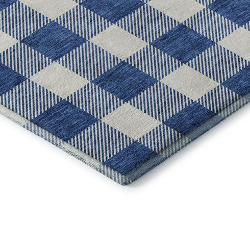 5' X 8' Navy Blue And Ivory Plaid Washable Area Rug With UV Protection