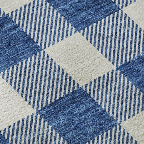 5' X 8' Navy Blue And Ivory Plaid Washable Area Rug With UV Protection