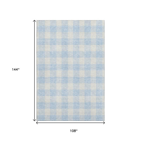 9' X 12' Sky Blue And Ivory Plaid Washable Area Rug With UV Protection