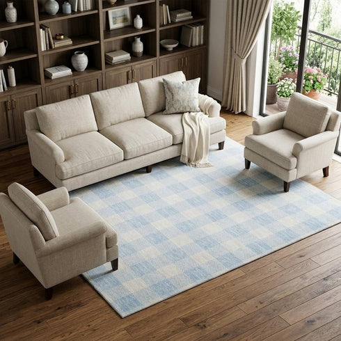 9' X 12' Sky Blue And Ivory Plaid Washable Area Rug With UV Protection