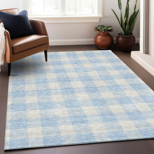 9' X 12' Sky Blue And Ivory Plaid Washable Area Rug With UV Protection
