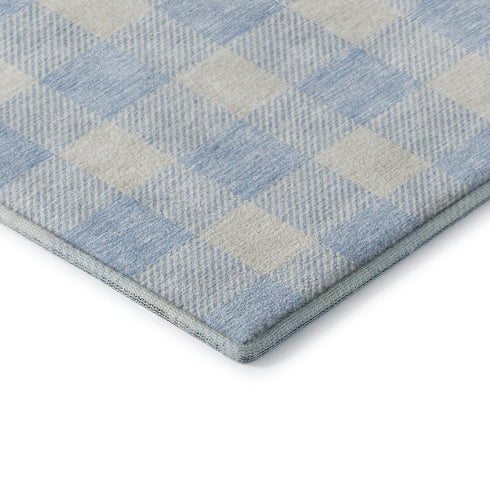 9' X 12' Sky Blue And Ivory Plaid Washable Area Rug With UV Protection