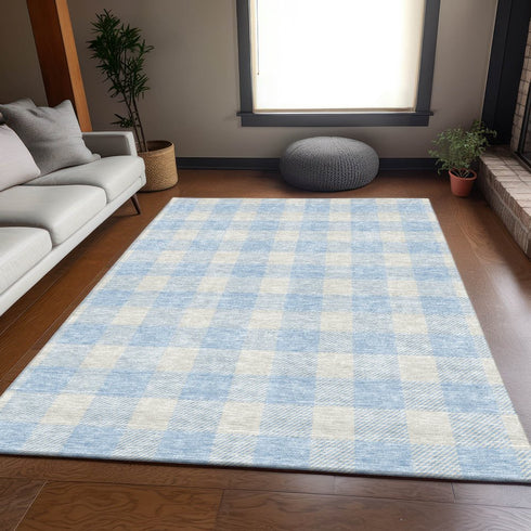 9' X 12' Sky Blue And Ivory Plaid Washable Area Rug With UV Protection
