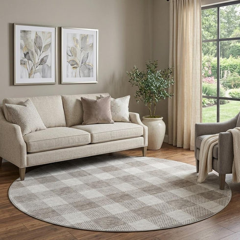 8' Taupe And Ivory Plaid Washable Round Rug With UV Protection