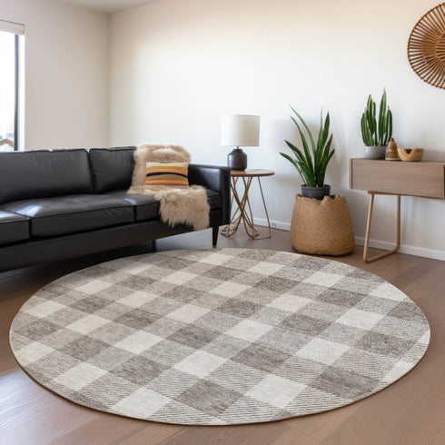 8' Taupe And Ivory Plaid Washable Round Rug With UV Protection