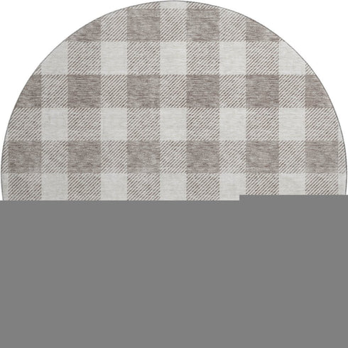 8' Taupe And Ivory Plaid Washable Round Rug With UV Protection