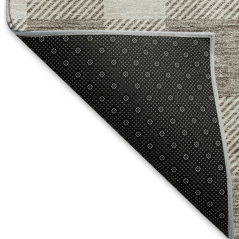 8' Taupe And Ivory Plaid Washable Round Rug With UV Protection