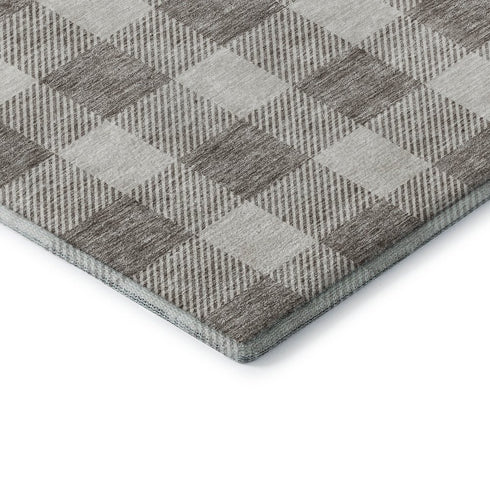 8' Taupe And Ivory Plaid Washable Round Rug With UV Protection
