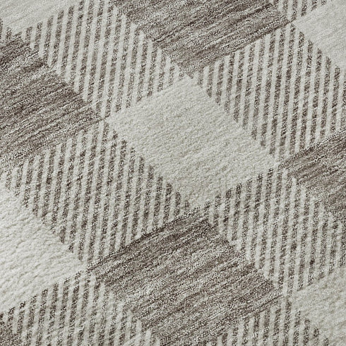 8' Taupe And Ivory Plaid Washable Round Rug With UV Protection
