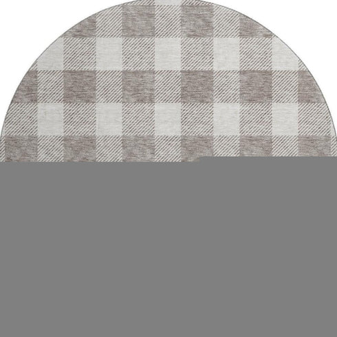 8' Taupe And Ivory Plaid Washable Round Rug With UV Protection