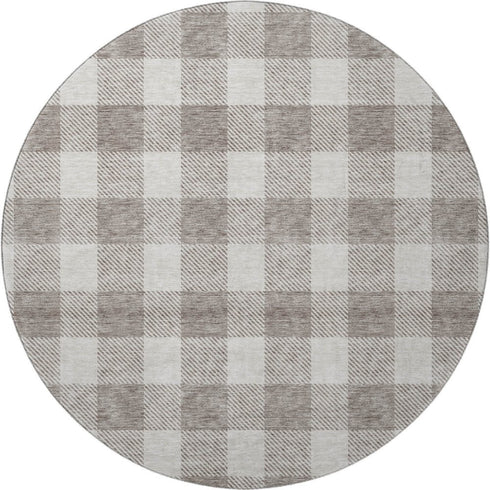 8' Taupe And Ivory Plaid Washable Round Rug With UV Protection