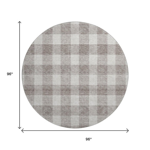 8' Taupe And Ivory Plaid Washable Round Rug With UV Protection