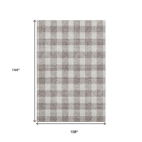 9' X 12' Taupe And Ivory Plaid Washable Area Rug With UV Protection
