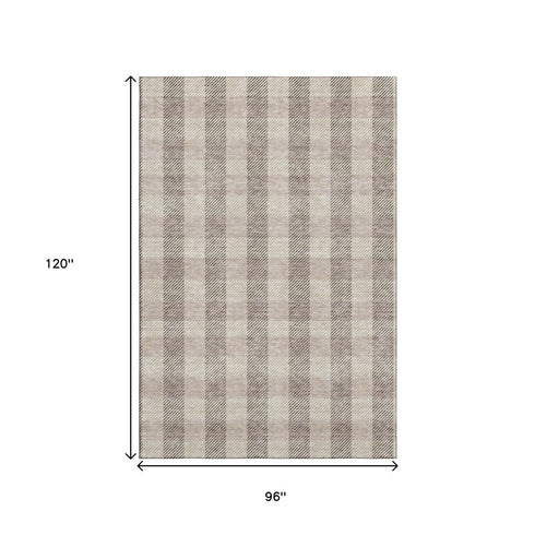8' X 10' Beige And Ivory Plaid Washable Area Rug With UV Protection