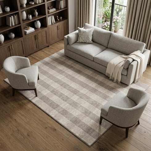 8' X 10' Beige And Ivory Plaid Washable Area Rug With UV Protection