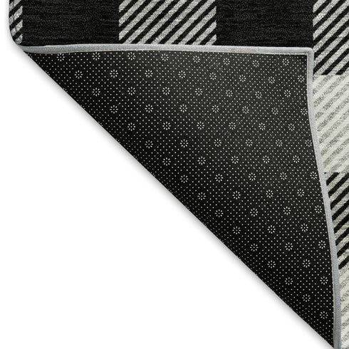 5' X 8' Black And Ivory Plaid Washable Area Rug With UV Protection