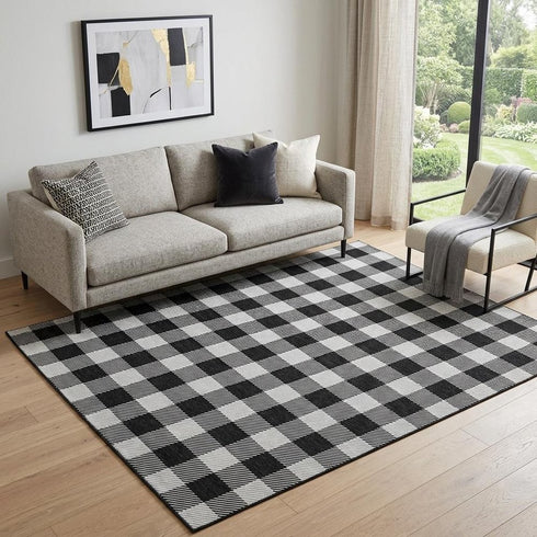 5' X 8' Black And Ivory Plaid Washable Area Rug With UV Protection