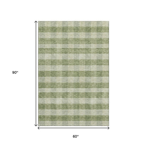 5' X 8' Green And Ivory Plaid Washable Area Rug With UV Protection