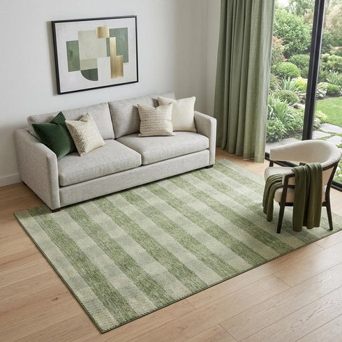 5' X 8' Green And Ivory Plaid Washable Area Rug With UV Protection