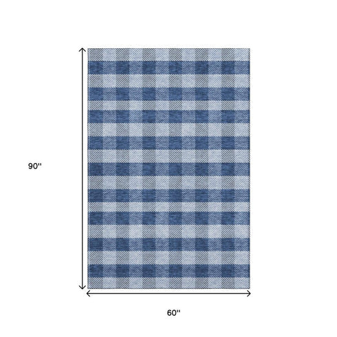 5' X 8' Navy Blue And Ivory Plaid Washable Area Rug With UV Protection