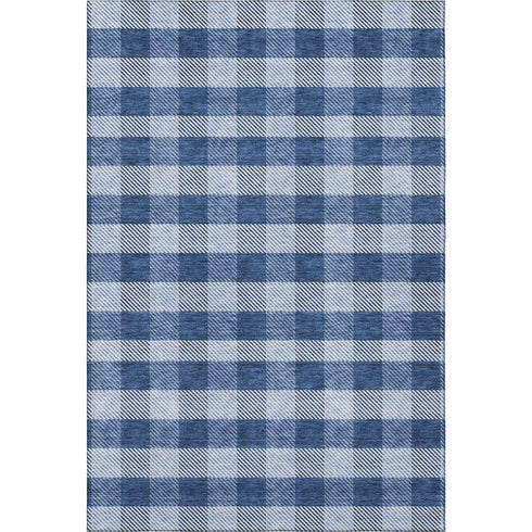 5' X 8' Navy Blue And Ivory Plaid Washable Area Rug With UV Protection