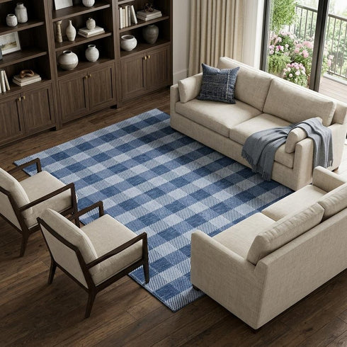 8' X 10' Navy Blue And Ivory Plaid Washable Area Rug With UV Protection
