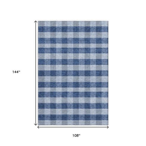 9' X 12' Navy Blue And Ivory Plaid Washable Area Rug With UV Protection