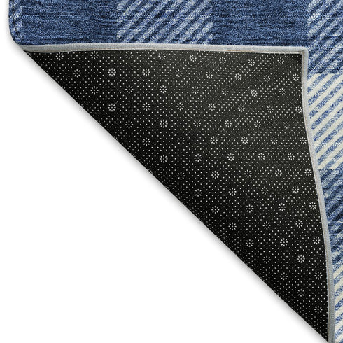 9' X 12' Navy Blue And Ivory Plaid Washable Area Rug With UV Protection