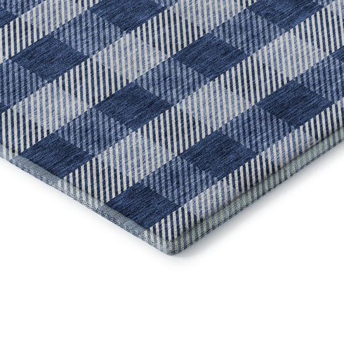 9' X 12' Navy Blue And Ivory Plaid Washable Area Rug With UV Protection