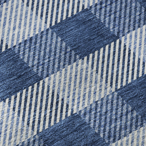9' X 12' Navy Blue And Ivory Plaid Washable Area Rug With UV Protection