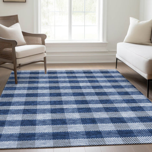 9' X 12' Navy Blue And Ivory Plaid Washable Area Rug With UV Protection