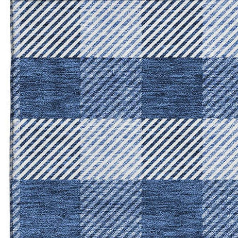9' X 12' Navy Blue And Ivory Plaid Washable Area Rug With UV Protection
