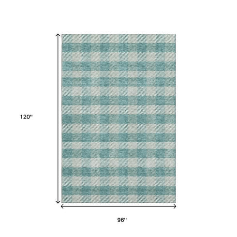 8' X 10' Teal And Ivory Plaid Washable Area Rug With UV Protection