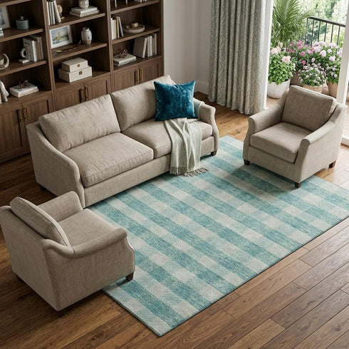 8' X 10' Teal And Ivory Plaid Washable Area Rug With UV Protection